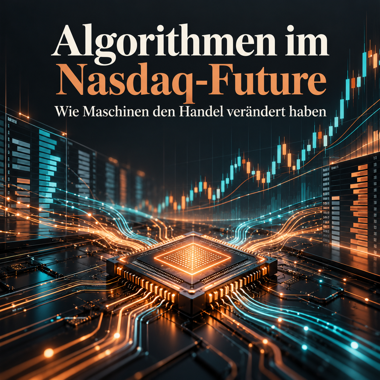 Titelbild: Algorithmen im Nasdaq-Future – Wie Maschinen den Handel verändert haben, Computerchip mit Datenströmen vor einem Kerzenchart