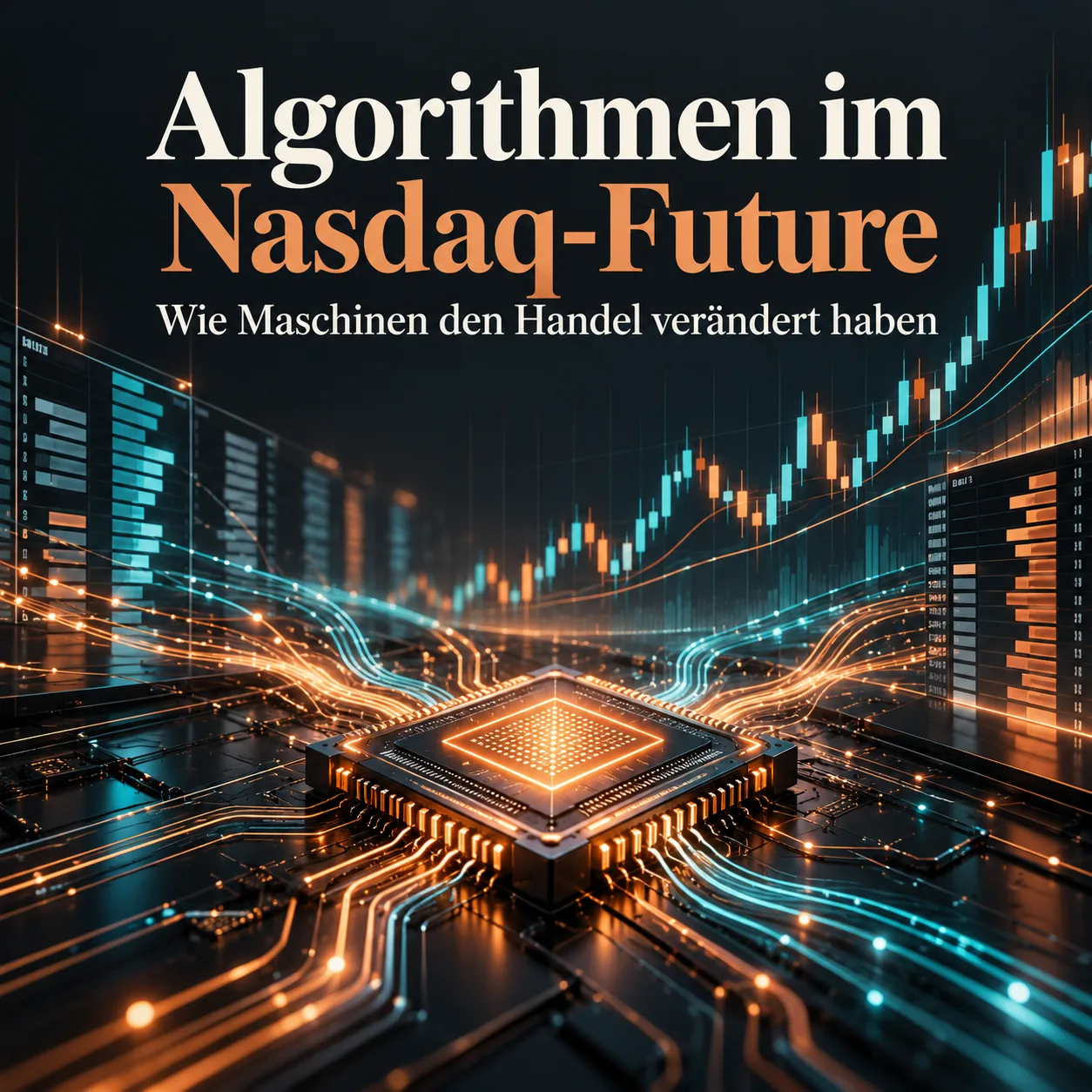 Titelbild: Algorithmen im Nasdaq-Future – Wie Maschinen den Handel verändert haben, Computerchip mit Datenströmen vor einem Kerzenchart