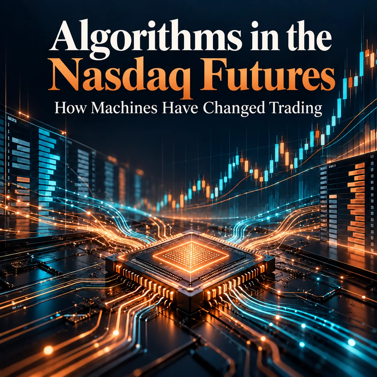 Cover image: Algorithms in the Nasdaq Futures – How Machines Have Changed Trading, computer chip with data streams in front of a candlestick chart