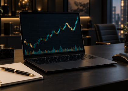 Laptop mit Kerzenchart auf einem dunklen Schreibtisch, Daytrading am Abend