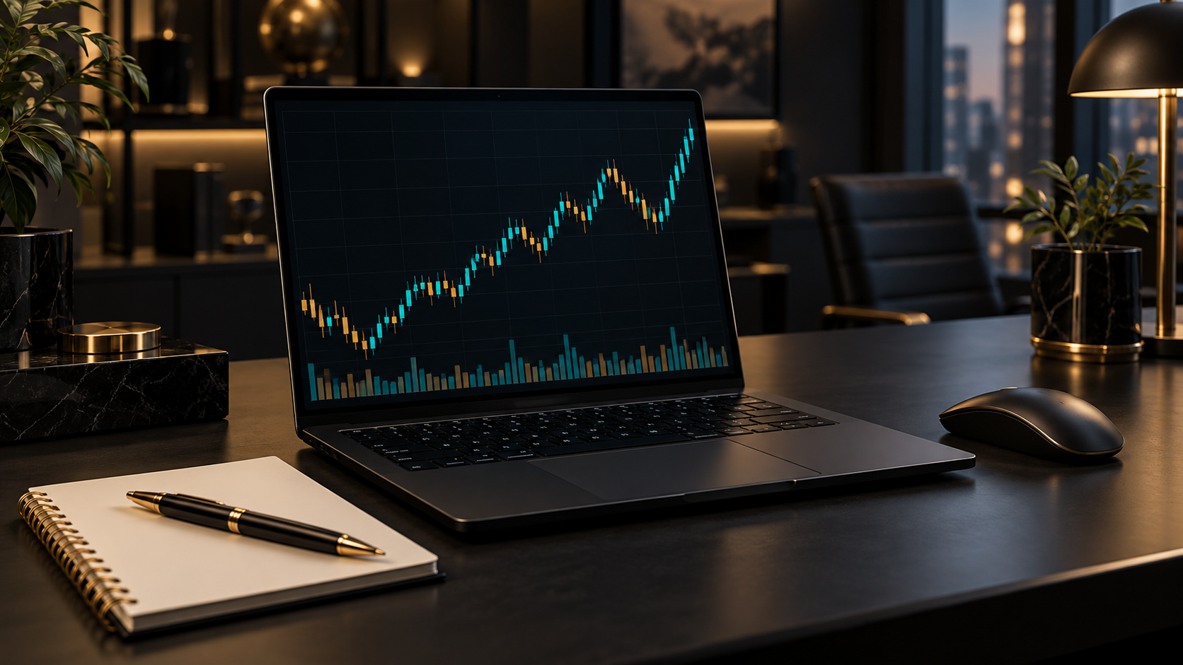 Laptop mit Kerzenchart auf einem dunklen Schreibtisch, Daytrading am Abend