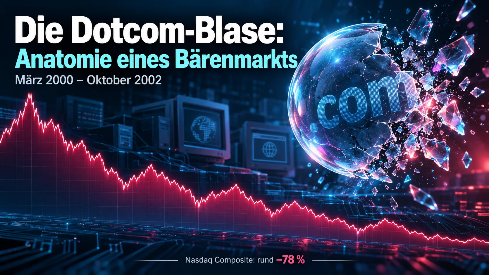 Titelbild: Die Dotcom-Blase – Anatomie eines Bärenmarkts, März 2000 bis Oktober 2002, platzende .com-Blase und fallender Kursverlauf
