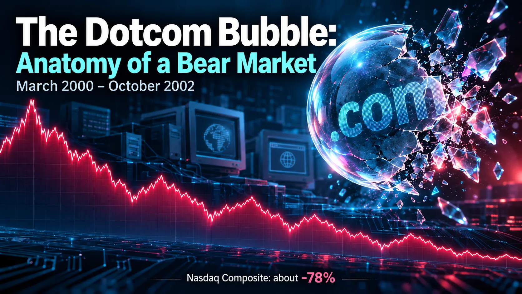 Cover image: The Dotcom Bubble – Anatomy of a Bear Market, March 2000 to October 2002, bursting .com bubble and falling price chart