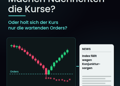 Titelbild: Machen Nachrichten die Kurse? Kerzenchart läuft zu einer Order-Marke, daneben eine Schlagzeile