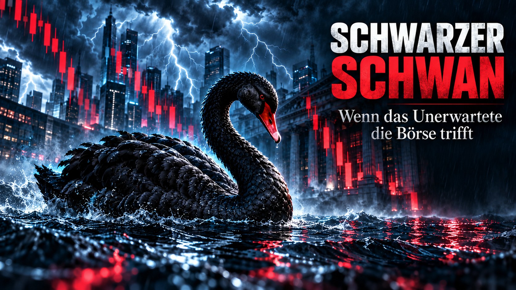 Schwarzer Schwan im Sturm vor einer Börsenkulisse, mit dem Schriftzug „Schwarzer Schwan – Wenn das Unerwartete die Börse trifft“