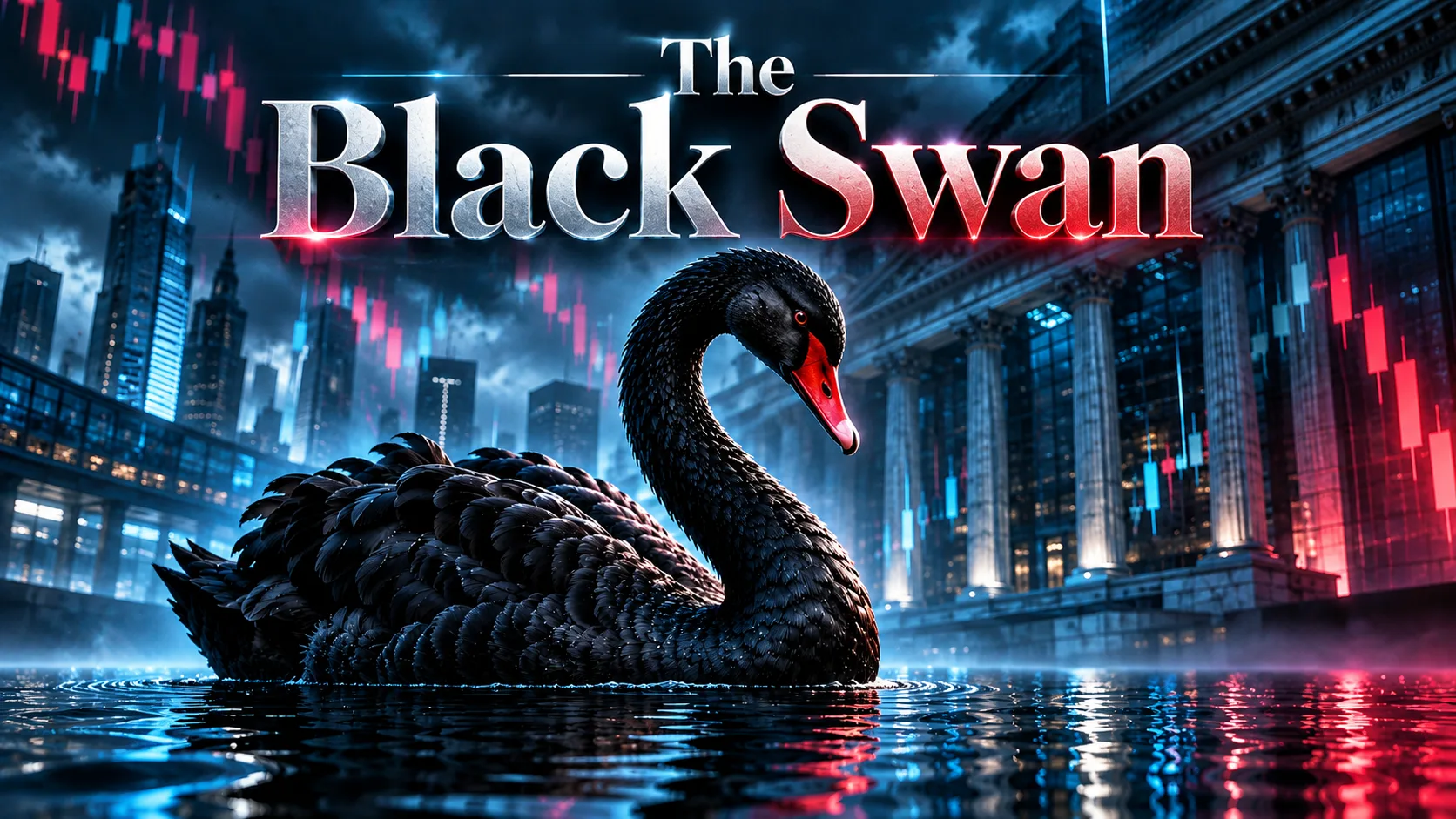 Black swan in a storm in front of a stock exchange building with red candlestick charts, with the title "The Black Swan"